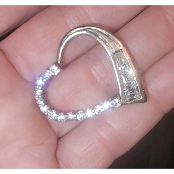 Sterling Silver Open Heart slide Pendant w Round & Baguette Diamonds signed JG - Picture 6 of 16
